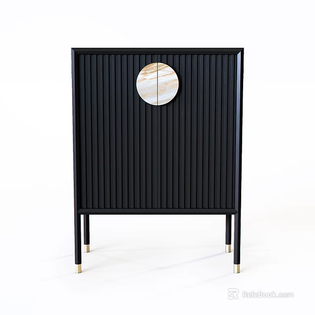 Modern Black Chest of Drawers with Vertical Stripes Round Marble Decoration and Gold Legs 3d model 