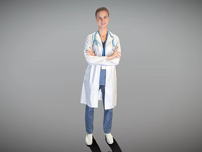 Confident Woman Doctor In White Coat With Stethoscope Standing With Arms Crossed 3d model