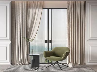Beige Textured Curtains in Modern Room with Floor to Ceiling Windows and Green Armchair 3d model