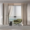 Beige Textured Curtains in Modern Room with Floor to Ceiling Windows and Green Armchair