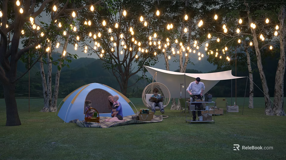 Cozy Evening Campsite With Blue Tent String Lights Hammock Chair And Canopy 3d model 