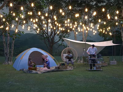 Cozy Evening Campsite With Blue Tent String Lights Hammock Chair And Canopy 3d model