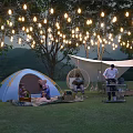 Cozy Evening Campsite With Blue Tent String Lights Hammock Chair And Canopy