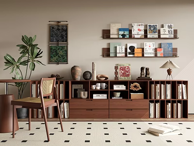 Stylish Wooden Bookshelf Interior With Books Decorative Items Potted Plant And Chair Near Wall Art 3d model