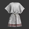 Elegant White Short Sleeved Dress with Belt and Red White Striped Hem Design