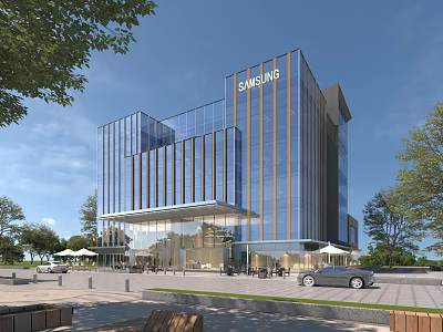 Modern Samsung Office Building Exterior With Glass Facade Surrounding Trees And Parked Car 3d model