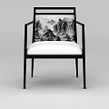 Chinese Style Chair With Black Frame Armrest And Mountain Landscape Backrest White Cushion