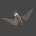 Flying Wooden Bird Sculpture With White Tail And Spread Wings On Gray Background