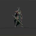 Man In Elaborate Mythical Armor Standing With Ornate Helmet Cloak Green Sword On Colorful Ground