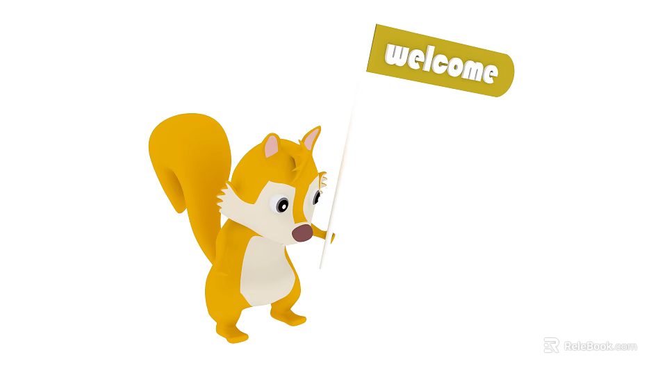 Cute Yellow Squirrel Character Holding Welcome Flag On White Background 3d model 
