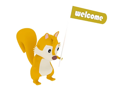 Cute Yellow Squirrel Character Holding Welcome Flag On White Background 3d model