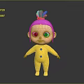 Cute 3D Cartoon Character With Pink Hair Red Bun Yellow Onesie And Red Buttons