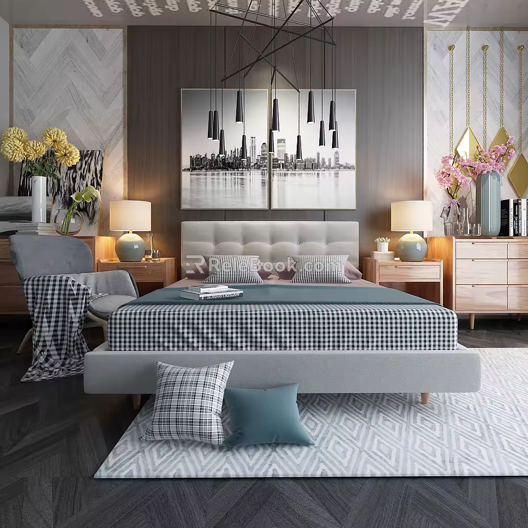 Nordic background double bed combination 3d model