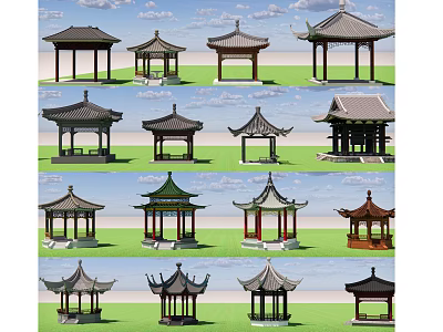 Traditional Chinese Pavilions Showcasing Various Architectural Styles And Roof Designs 3d model