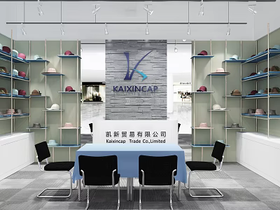 KAIXINGCAR Hat Specialty Store with Colorful Hats on Shelves and Blue Table with Black Chairs 3d model