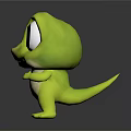 Animated Green Cute Game Movie Character With Big Eyes Standing White Belly