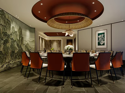 Private Dining Box Interior With Round Table Chairs Chandelier And Decorative Mural 3d model
