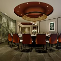 Private Dining Box Interior With Round Table Chairs Chandelier And Decorative Mural