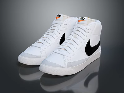 White High Top Nike Sneakers With Black Swoosh Logo And White Laces 3d model