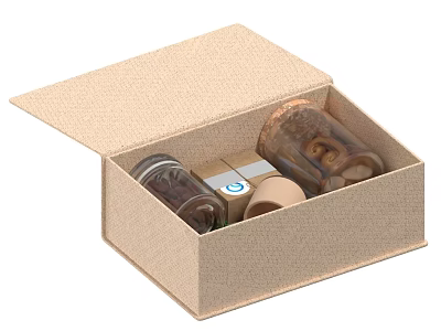 Open Beige Fabric Box With Glass Jars Small Box And Ceramic Items 3d model