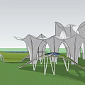 Modern Artistic Pergola Structures Featuring Green Canopies And Blue Skylights