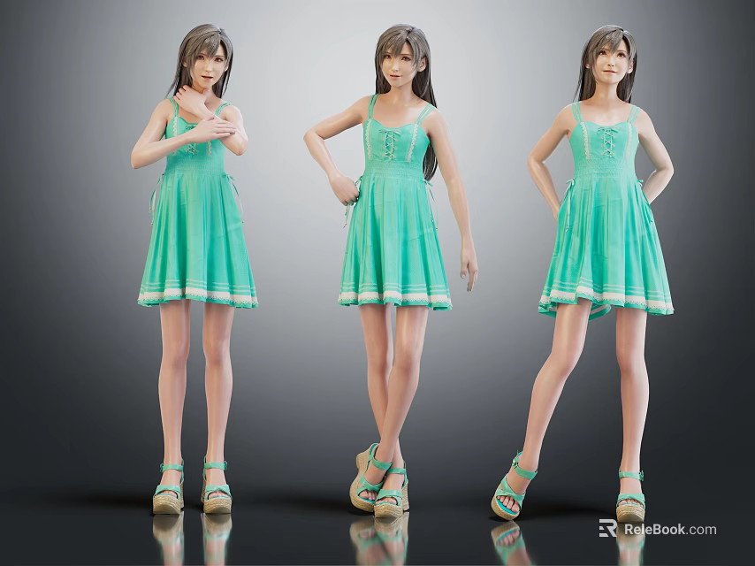 Three Female Characters in Green Dresses with Different Poses and Matching Shoes 3d model 