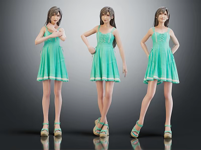 Three Female Characters in Green Dresses with Different Poses and Matching Shoes 3d model