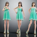 Three Female Characters in Green Dresses with Different Poses and Matching Shoes