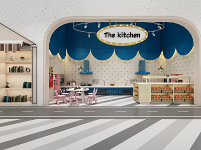 The Kitchen Restaurant Interior With Blue Decor Pink Chairs White Dotted Walls And Arched Ceiling 3d model