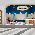 The Kitchen Restaurant Interior With Blue Decor Pink Chairs White Dotted Walls And Arched Ceiling