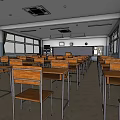 School Classroom Interior With Wooden Desks Chairs And Large Windows