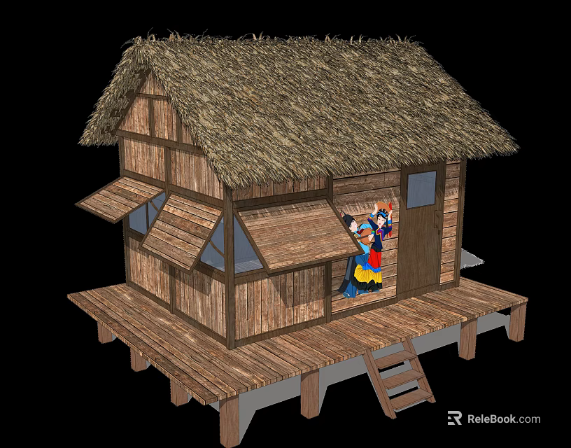 Traditional Wooden House With Thatched Roof Porch Steps And Wooden Windows 3d model 