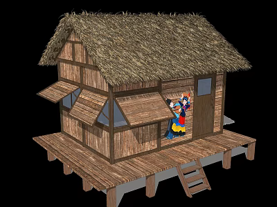 Traditional Wooden House With Thatched Roof Porch Steps And Wooden Windows 3d model