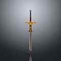 Ornate Decorative Sword With Red Hilt Golden Crossguard Silver Blade Isolated On Gray Background