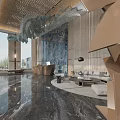 Modern Luxury Hotel Lobby With Artistic Hanging Installation And Polished Marble Floor And Cozy Seating