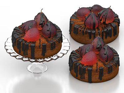 Delicious Chocolate Cakes With Red And Dark Fruit Decorations On Glass Plate 3d model