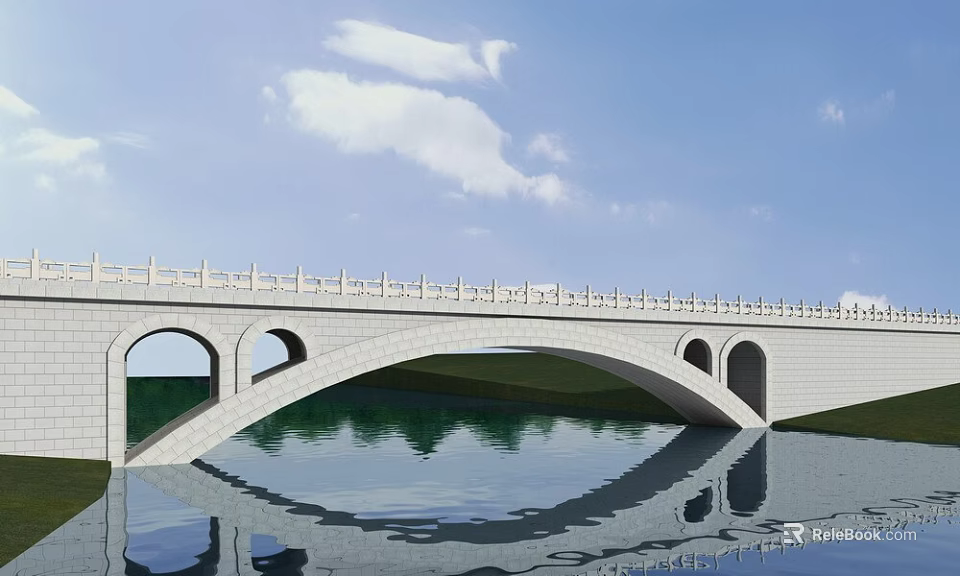 Elegant Stone Arch Bridge With White Railings And Water Reflection Under Blue Sky 3d model 