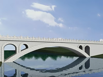 Elegant Stone Arch Bridge With White Railings And Water Reflection Under Blue Sky 3d model