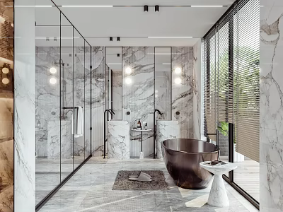 Modern Bathroom Interior With Marble Walls Glass Shower Partition Double Vanity And Freestanding Bathtub 3d model