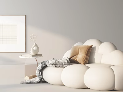 White Cloud Shaped Sectional Sofa With Brown Cushion Plaid Blanket Side Table Vase Dried Flowers 3d model