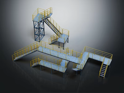 Industrial Metal Staircase Design With Yellow Railings Platforms And Connected Walkways 3d model