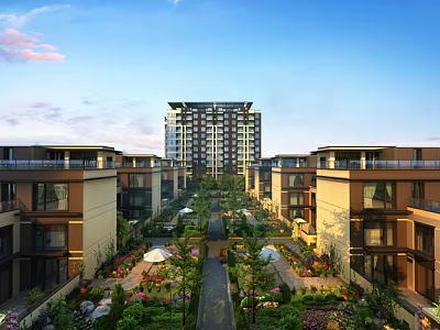 Lush Landscaped Garden in Modern Residential Complex With Central Pathway and Greenery Flowers 3d model