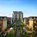 Lush Landscaped Garden in Modern Residential Complex With Central Pathway and Greenery Flowers