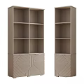 Stylish Display Cabinets Featuring Multiple Shelves Black Brown Beige Tones And Geometric Design Bases