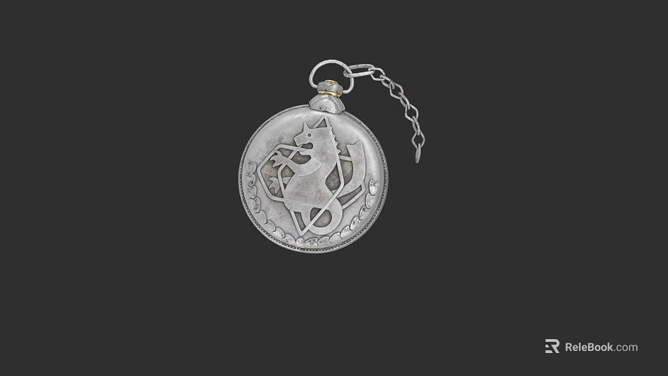 Silver Pocket Watch With Round Dial Cat Engraving And Decorative Chain 3d model 