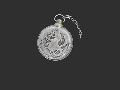 Silver Pocket Watch With Round Dial Cat Engraving And Decorative Chain 3d model