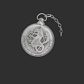 Silver Pocket Watch With Round Dial Cat Engraving And Decorative Chain