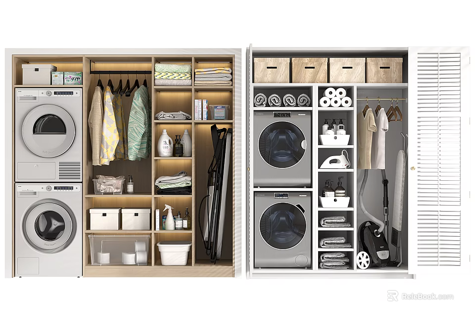 Bathroom Cabinet Frame With Washer Dryer Storage Shelves And Hanging Area 3d model 