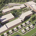 Modern Building Exterior With Wooden Elements Glass Walls And Landscaped Courtyard Hedges Lawn And People