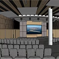 Modern Conference Room With Gray Seats Large Screen And Wooden Ceiling